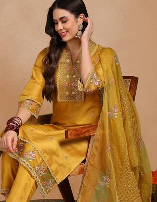 Mustard Yellow Kurta Set with Net Dupatta 1