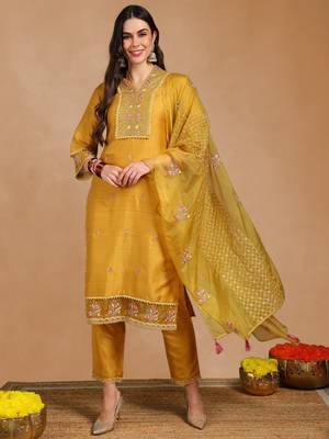 Mustard Yellow Kurta Set with Net Dupatta 2