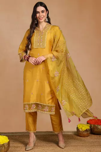 Mustard Yellow Kurta Set with Net Dupatta
