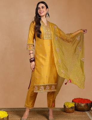 Mustard Yellow Kurta Set with Net Dupatta 3