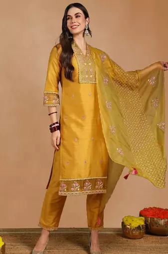Mustard Yellow Kurta Set with Net Dupatta