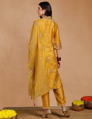 Mustard Yellow Kurta Set with Net Dupatta 4