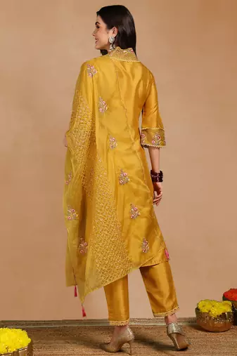 Mustard Yellow Kurta Set with Net Dupatta
