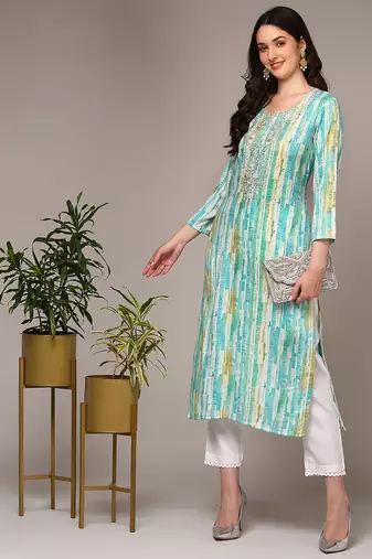 Women blue printed rayon ethnic kurti