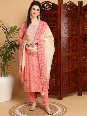 women peach viscose rayon bandhani printed straight kurta trousers with dupatta 1
