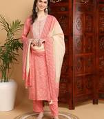 women peach viscose rayon bandhani printed straight kurta trousers with dupatta