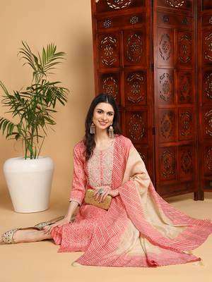 women peach viscose rayon bandhani printed straight kurta trousers with dupatta 2