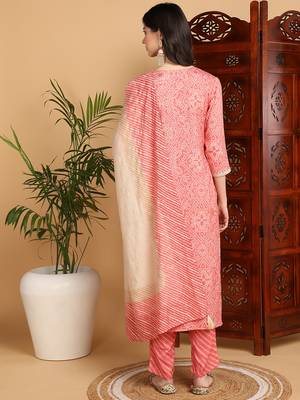 women peach viscose rayon bandhani printed straight kurta trousers with dupatta 3