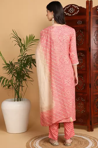 women peach viscose rayon bandhani printed straight kurta trousers with dupatta