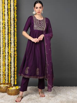 women purple silk blend woven design embroidered anarkali kurta trousers with dupatta 1