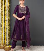 women purple silk blend woven design embroidered anarkali kurta trousers with dupatta