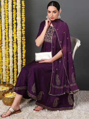 women purple silk blend woven design embroidered anarkali kurta trousers with dupatta 2