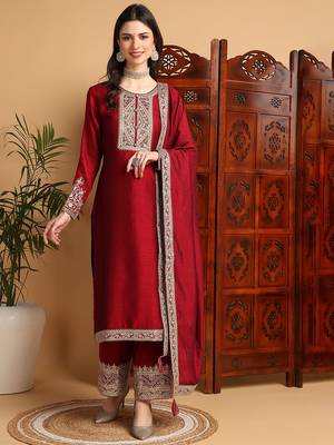 women maroon silk blend solid embroidered straight kurta palazzos with dupatta 1