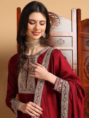 women maroon silk blend solid embroidered straight kurta palazzos with dupatta 2