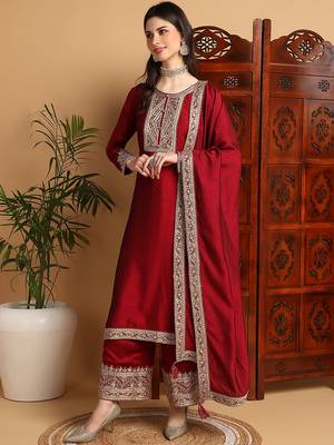 women maroon silk blend solid embroidered straight kurta palazzos with dupatta 3