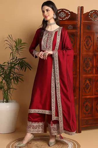 women maroon silk blend solid embroidered straight kurta palazzos with dupatta