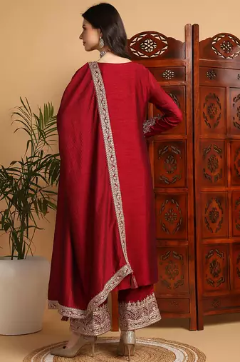 women maroon silk blend solid embroidered straight kurta palazzos with dupatta