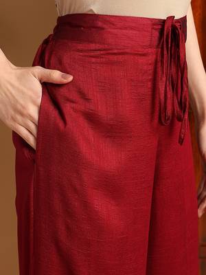 women maroon silk blend solid embroidered straight kurta palazzos with dupatta 5