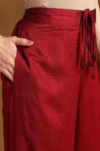women maroon silk blend solid embroidered straight kurta palazzos with dupatta