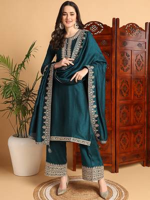 women green silk blend solid embroidered straight kurta palazzos with dupatta 1