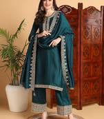 women green silk blend solid embroidered straight kurta palazzos with dupatta