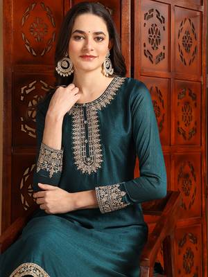 women green silk blend solid embroidered straight kurta palazzos with dupatta 2
