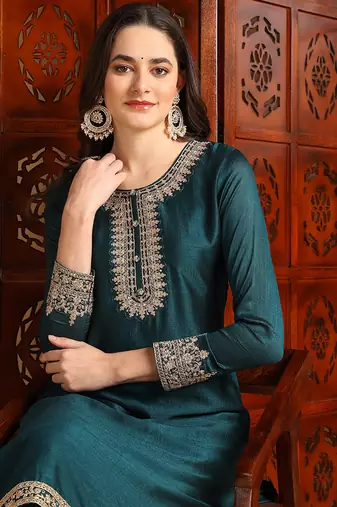 women green silk blend solid embroidered straight kurta palazzos with dupatta