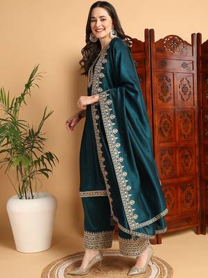 women green silk blend solid embroidered straight kurta palazzos with dupatta 3
