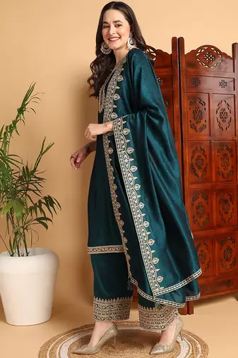 women green silk blend solid embroidered straight kurta palazzos with dupatta