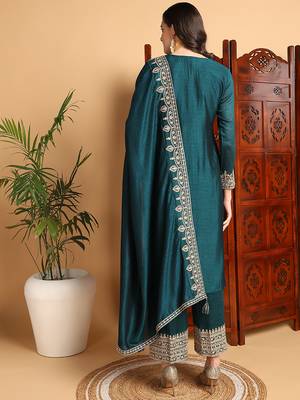 women green silk blend solid embroidered straight kurta palazzos with dupatta 4