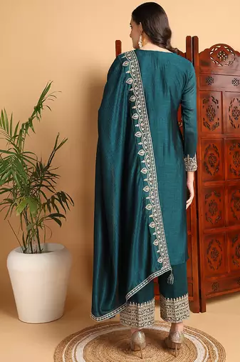 women green silk blend solid embroidered straight kurta palazzos with dupatta