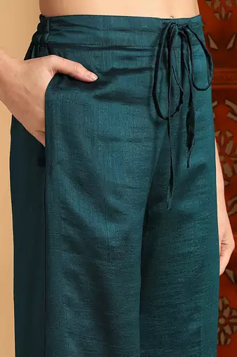 women green silk blend solid embroidered straight kurta palazzos with dupatta