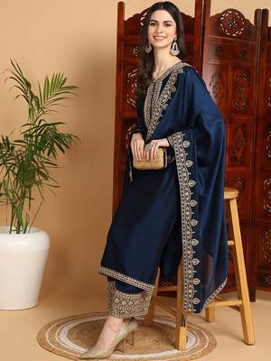 women navy blue silk blend solid embroidered straight kurta palazzos with dupatta 1