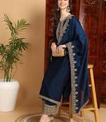 women navy blue silk blend solid embroidered straight kurta palazzos with dupatta
