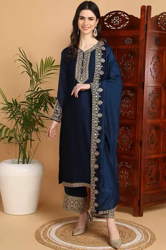 women navy blue silk blend solid embroidered straight kurta palazzos with dupatta