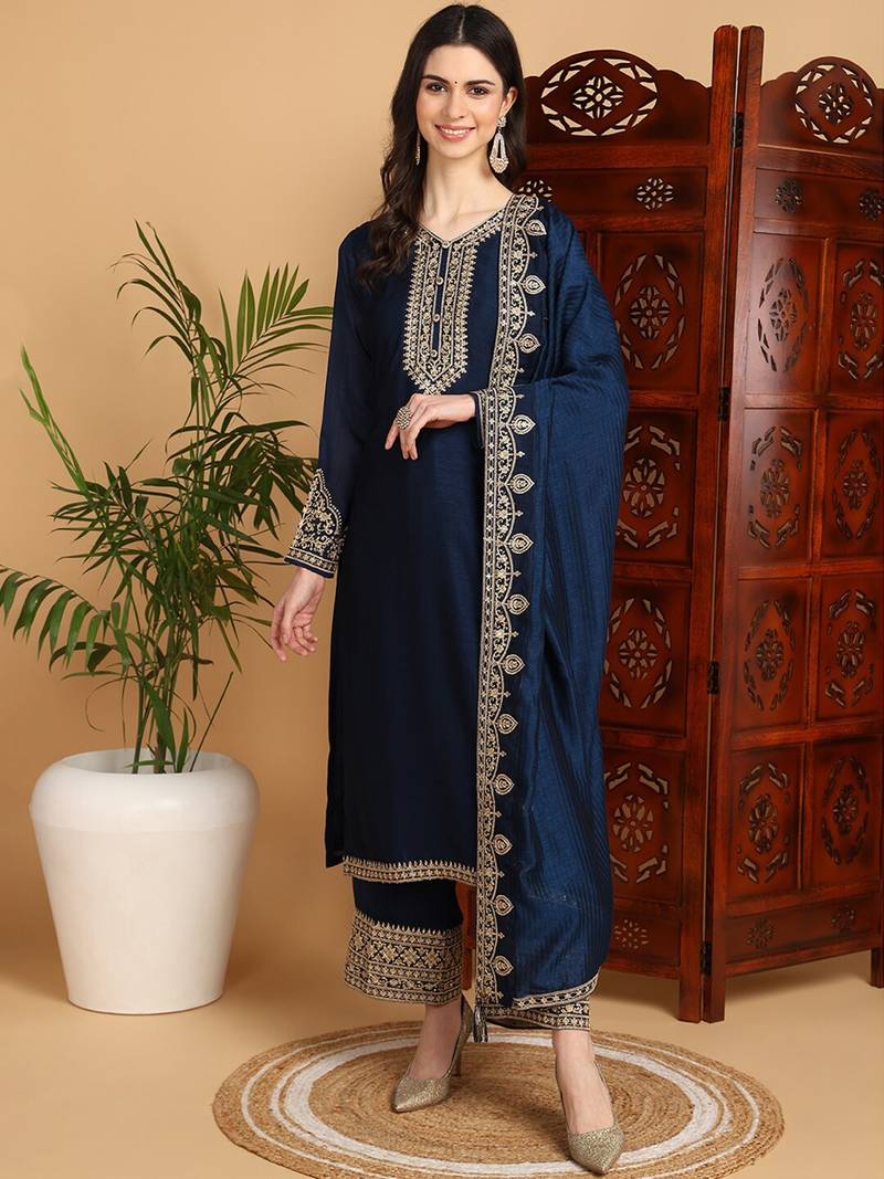 women navy blue silk blend solid embroidered straight kurta palazzos with dupatta