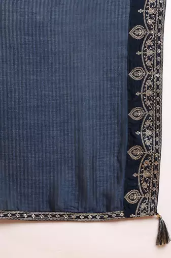 women navy blue silk blend solid embroidered straight kurta palazzos with dupatta