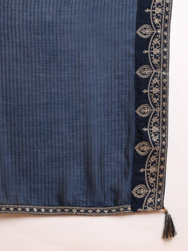 women navy blue silk blend solid embroidered straight kurta palazzos with dupatta