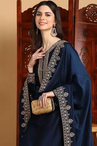 women navy blue silk blend solid embroidered straight kurta palazzos with dupatta