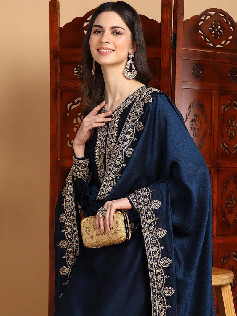women navy blue silk blend solid embroidered straight kurta palazzos with dupatta