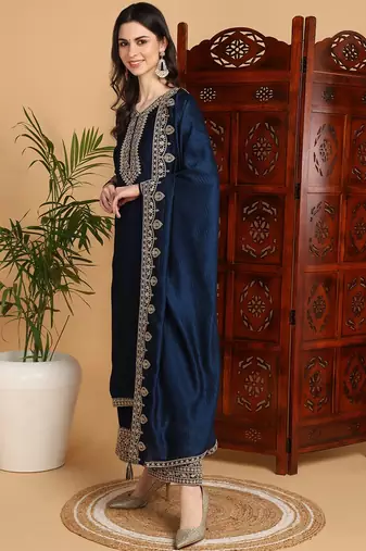 women navy blue silk blend solid embroidered straight kurta palazzos with dupatta