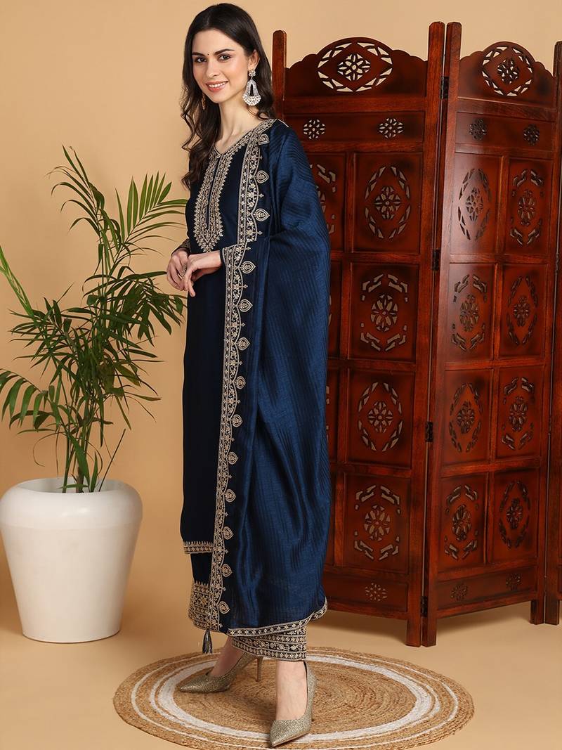 women navy blue silk blend solid embroidered straight kurta palazzos with dupatta