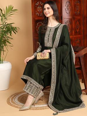 women olive silk blend solid embroidered straight kurta palazzos with dupatta 1