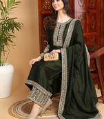women olive silk blend solid embroidered straight kurta palazzos with dupatta