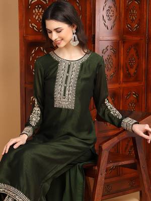 women olive silk blend solid embroidered straight kurta palazzos with dupatta 2