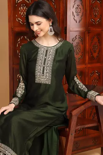 women olive silk blend solid embroidered straight kurta palazzos with dupatta