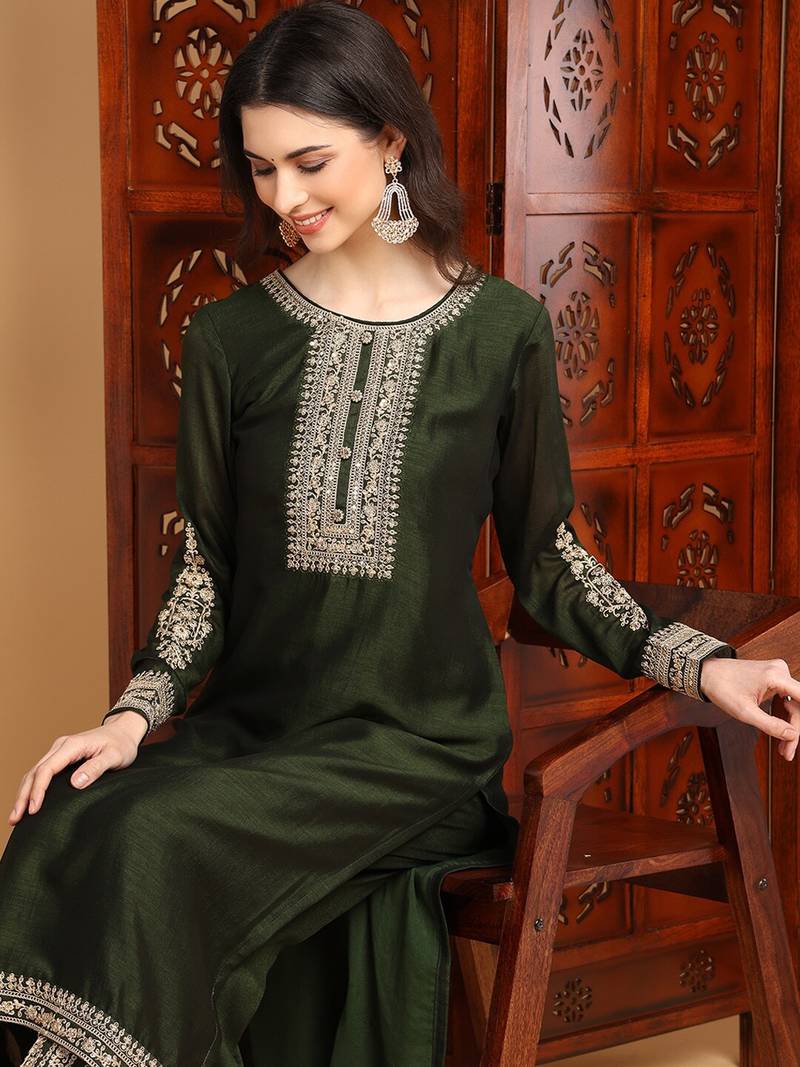 women olive silk blend solid embroidered straight kurta palazzos with dupatta