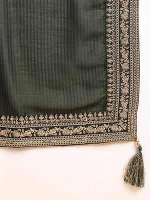 women olive silk blend solid embroidered straight kurta palazzos with dupatta 4