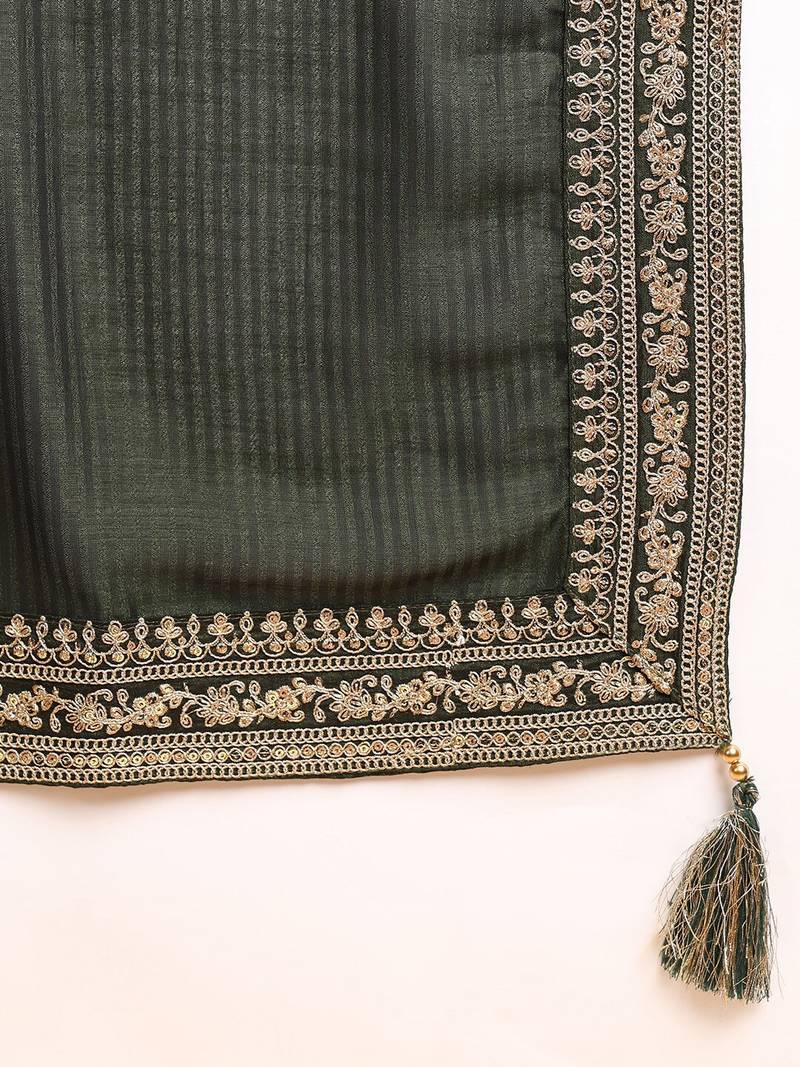 women olive silk blend solid embroidered straight kurta palazzos with dupatta