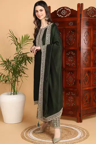 women olive silk blend solid embroidered straight kurta palazzos with dupatta